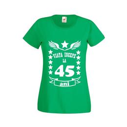 Tricou dama personalizat fruit of the loom, verde, viata incepe la 45 ani s