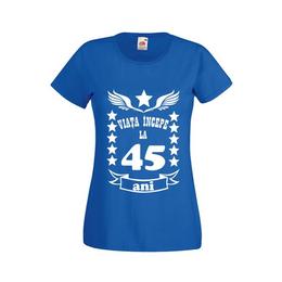 Tricou dama personalizat fruit of the loom, albastru, viata incepe la 45 ani l
