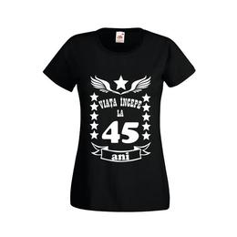 Tricou dama personalizat fruit of the loom, negru, viata incepe la 45 ani xl