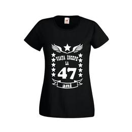 Tricou dama personalizat fruit of the loom, negru, viata incepe la 47 ani 2xl