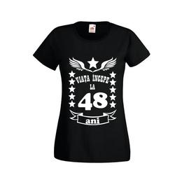 Tricou dama personalizat fruit of the loom, negru, viata incepe la 48 ani xl