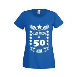 Tricou dama personalizat fruit of the loom, albastru, viata incepe la 50 ani s