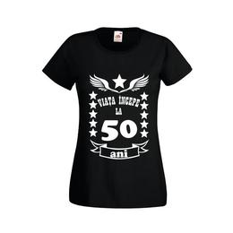 Tricou dama personalizat fruit of the loom, negru, viata incepe la 50 ani s