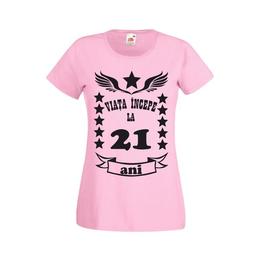Tricou dama personalizat fruit of the loom, roz, viata incepe la 21 ani s