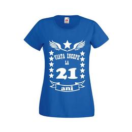 Tricou dama personalizat fruit of the loom, albastru, viata incepe la 21 ani s