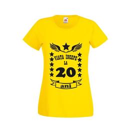 Tricou dama personalizat fruit of the loom, galben, viata incepe la 20 ani m