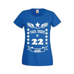 Tricou dama personalizat fruit of the loom, albastru, viata incepe la 22 ani xl
