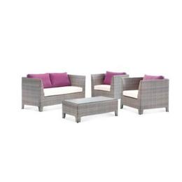 Set mobilier terasa, gradina kalina teresina din ratan 4 piese masa, canapea, 2 fotolii. culoare gri perne scaun mov.
