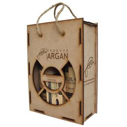 Set cadou rustic argan cutie lemn sampon cu ulei argan 400 ml+balsam par cu ulei argan 400 ml+sapun cu ulei argan 40 gr