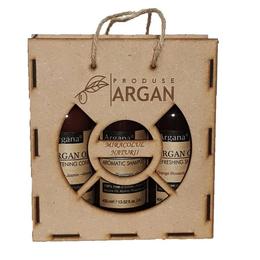 Set cadou rustic argan cutie lemn sampon cu ulei argan 400 ml+balsam par cu ulei argan 400 ml+gel de dus cu ulei argan 400 ml