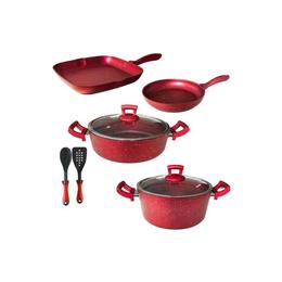 Set 8 piese Hascevher Germanitium oala 3l cu capac,cratita 3,9l cu capac si 2 tigai 22cm si tigaie grill 28cm granit-red inductie,lingura servire cu spatula bucatarie