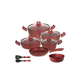 Set 12 piese hascevher germanitium 3 oale 3l,4l si 4,9l cu capac,cratita 3,9l cu capac, tigaie 22cm si tava rotunda 30cm granit-red inductie,lingura servire cu spatula bucatarie