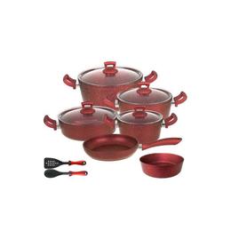 Set 12 piese Hascevher Germanitium 3 oale 3l,4l si 4,9l cu capac,cratita 3,9l cu capac, tigaie 22cm si tava rotunda 30cm granit-red inductie,lingura servire cu spatula bucatarie