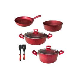 Set 8 piese hascevher germanitium oala 3l cu capac,cratita 3,9l cu capac si tigaie 22cm si tava rotunda30cm granit-red inductie,lingura servire cu spatula bucatarie