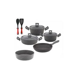Set 10 piese hascevher germanitium 2 oale 3l si 4,9l cu capac,cratita 3,9l cu capac si tigaie 22cm cu tava cuptor 30cm granit-gri inductie,lingura servire cu spatula bucatarie