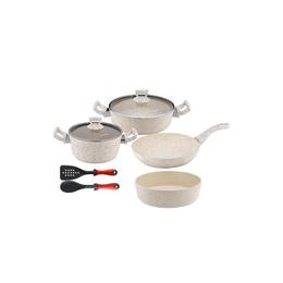 Set 12 piese hascevher germanitium 4 oale 3l,4l ,4,9lsi 5,8l cu capac, tigaie 22cm si tava rotunda 30cm granit-crem inductie,lingura servire cu spatula bucatarie