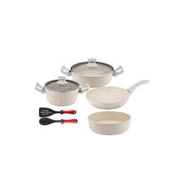 Set 12 piese Hascevher Germanitium 4 oale 3l,4l ,4,9lsi 5,8l cu capac, tigaie 22cm si tava rotunda 30cm granit-crem inductie,lingura servire cu spatula bucatarie