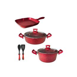Set 7 piese hascevher germanitium oala 3l cu capac,cratita 3,9l cu capac si tigaie gril 28cm granit-red inductie,lingura servire cu spatula bucatarie