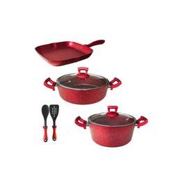 Set 7 piese Hascevher Germanitium oala 3l cu capac,cratita 3,9l cu capac si tigaie gril 28cm granit-red inductie,lingura servire cu spatula bucatarie