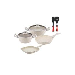 Set 8 piese Hascevher Germanitium oala 3l cu capac,cratita 3,9l cu capac si 2 tigai 22cm si 26cm blinele granit-crem inductie,lingura servire cu spatula bucatarie