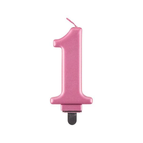 Lumanare tort cifra 1, roz metalic, 8 cm - Tomvalk