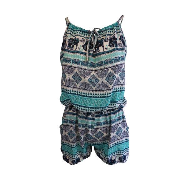 Salopeta scurta, mei na fashion, cu 2 buzunare, culoare alba cu imprimeu verde cu elefanti, elastic la talie, m-l