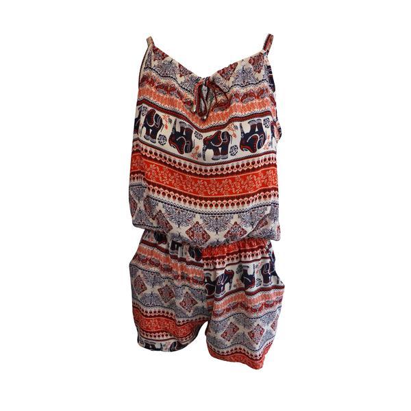 Salopeta scurta, Mei Na Fashion, cu 2 buzunare, culoare alba cu imprimeu oranj cu elefanti, elastic la talie, XL-2XL