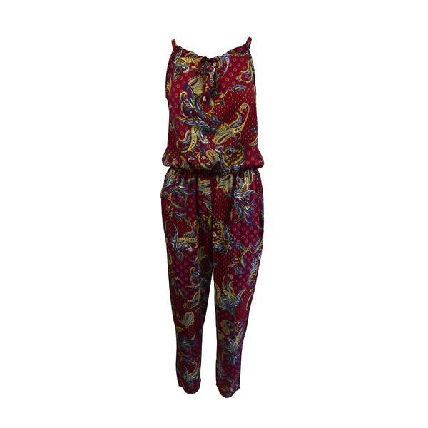 Salopeta, mei na fashion, cu 2 buzunare, culoare grena cu imprimeu multicolor, elastic la talie, xl-2xl
