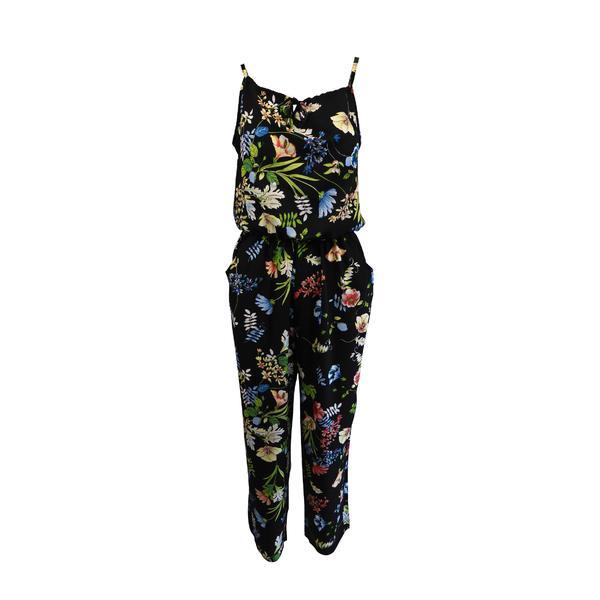 Salopeta, italy moda, cu 2 buzunare, culoare neagra cu imprimeu flori multicolore, elastic la talie, l