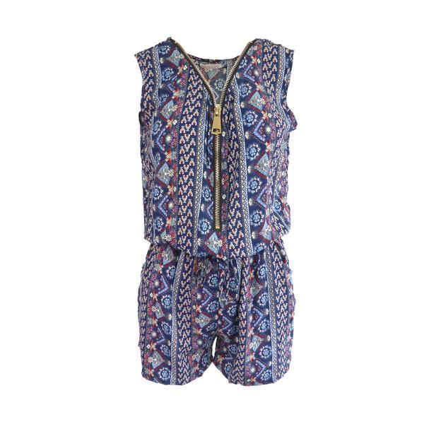 Salopeta scurta, floare, cu 2 buzunare si fermoar in fata, albastru cu imprimeu multicolor, elastic la talie, m-l