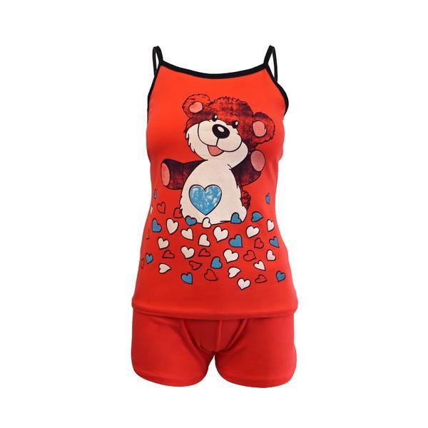 Pijama dama, univers fashion, corai, maiou cu imprimeu ursulet si inimi, pantaloni scurti albastru cu 2 buzunare, l