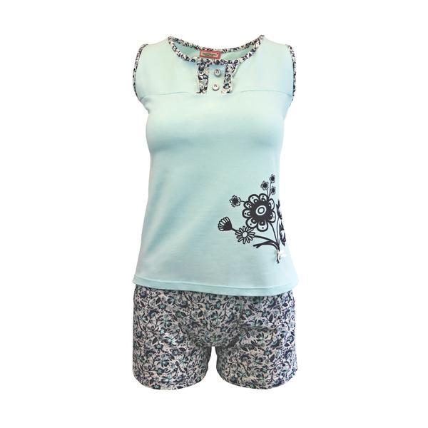 Pijama dama, univers fashion, maiou turcoaz cu imprimeu flori, pantaloni scurti albi cu imprimeu flori albastre cu 2 buzunare, l