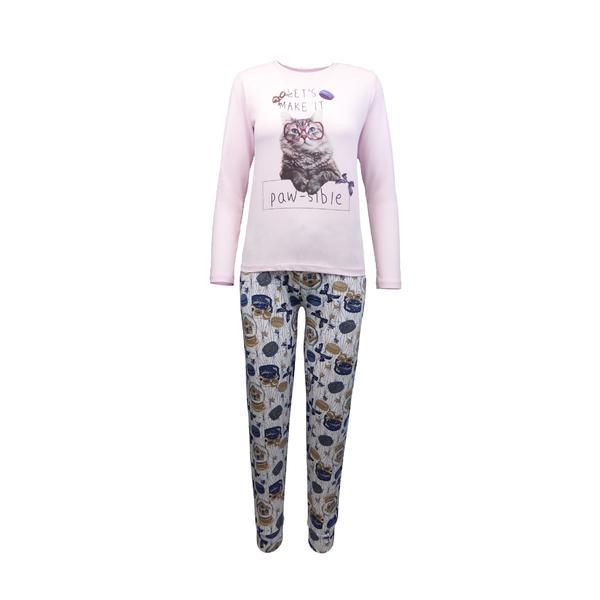 Pijama dama, nicoletta, bluza roz cu imprimeu pisica, pantaloni albi cu imprimeu albastru si maro, m