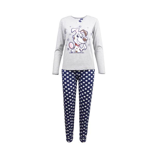 Pijama dama, nicoletta, gri deschis, bluza cu imprimeu catel si pantaloni albastri cu buline albe, l