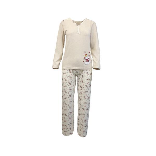 Pijama dama, univers fashion, bej, bluza si pantaloni cu om de zapada imprimat, l