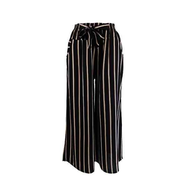 Fusta-pantalon, Niumeida, cu 2 buzunare, negru cu dungi albe si insertii de culoare caramiziu, cordon si elastic la talie, L