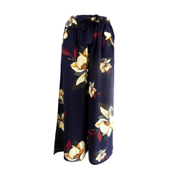 Fusta-pantalon, Niumeida, cu 2 buzunare, albastru cu imprimeu floral multicolor, cordon si elastic la talie, XL