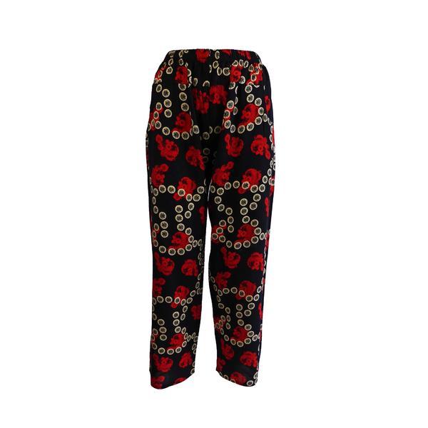 Pantaloni de vara, Niumeida, cu 2 buzunare, albastru cu imprimeu rosu si bej, elastic la talie, S