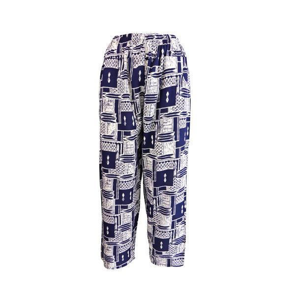 Pantaloni de vara, Niumeida, cu 2 buzunare, albastru cu imprimeu grafic alb, elastic la talie, S
