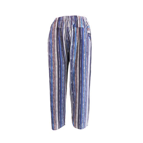 Pantaloni de vara, niumeida, cu 2 buzunare, albastru cu dungi albe si gri, elastic la talie, m