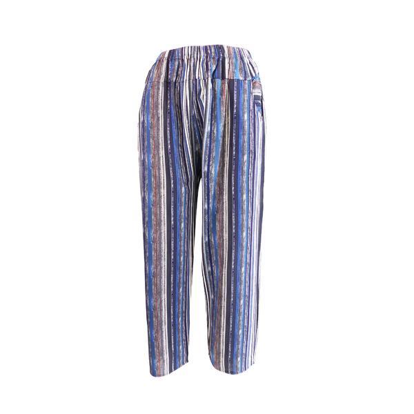Pantaloni de vara, Niumeida, cu 2 buzunare, albastru cu dungi albe si gri, elastic la talie, S