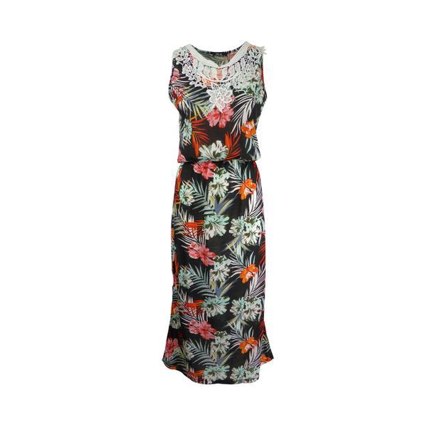 Rochie lunga, negru, imprimeu multicolor flori, elastic la talie, s-m