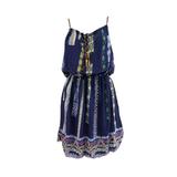 Rochie culoare albastru cu imprimeu multicolor si elastic la talie, M-L