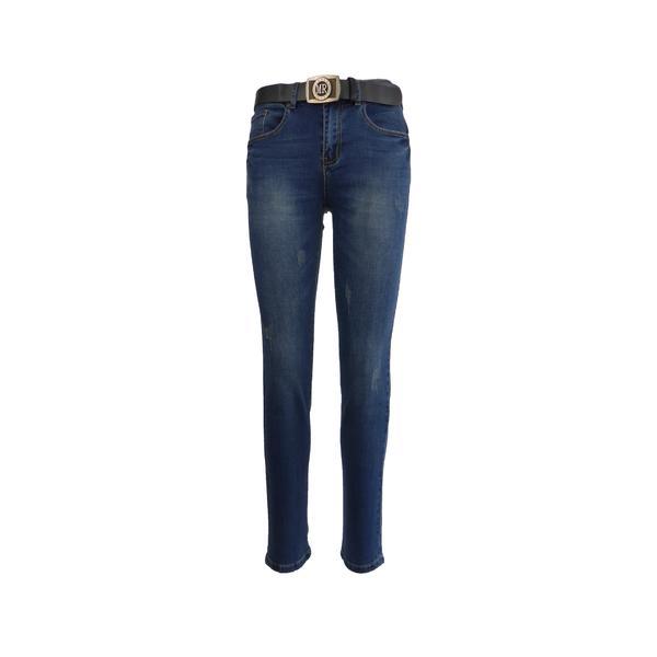 Jeans dama, Miss Roksi, albastru cu 5 buzunare si curea, zgariati  in fata si pe buzunarele din spate, marime 30