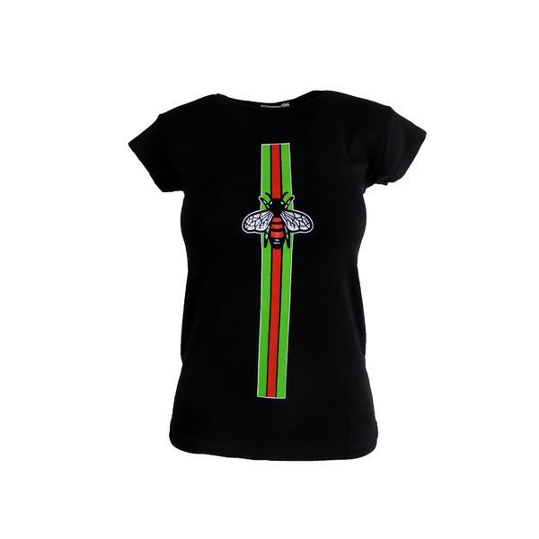 Tricou dama, univers fashion, negru, imprimeu albina cu stras, s-m