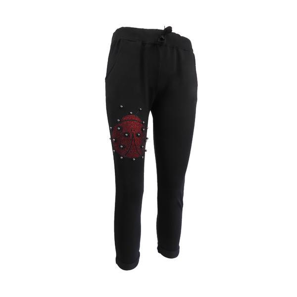 Pantaloni 3/4 dama, aylin sports, negru cu o gargarita din strass si perle argintii, l