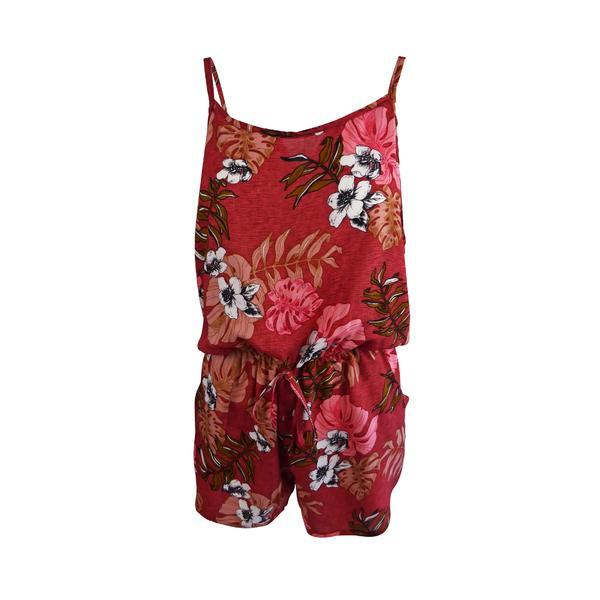 Salopeta scurta, mei na fashion, cu 2 buzunare, culoare rosu cu imprimeu flori, cu elastic la talie, m-l