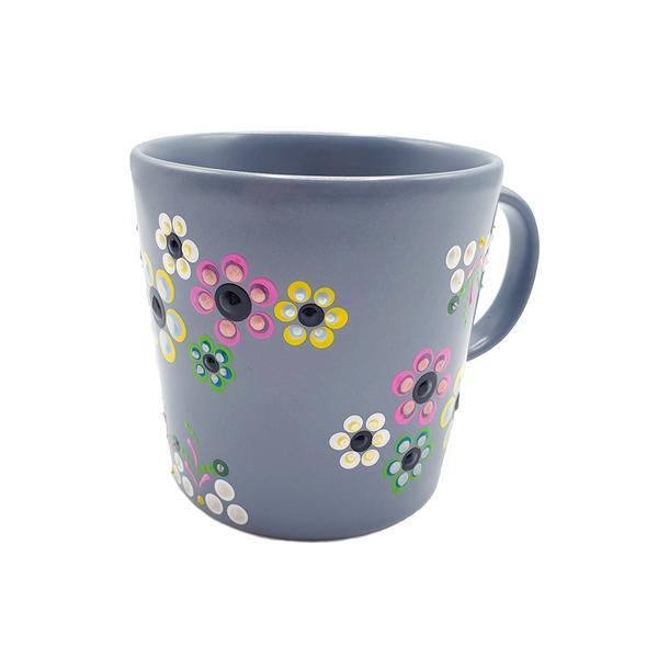 Cana gri pentru cafea sau ceai, pictata manual cu flori, handmade, Amaris, Zia Fashion