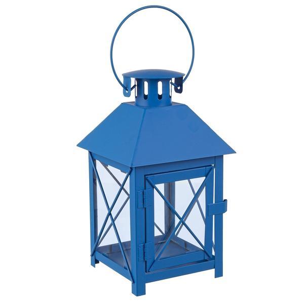 Felinar metal sticla albastru santorini 13 cm x 13 cm x 23 h 