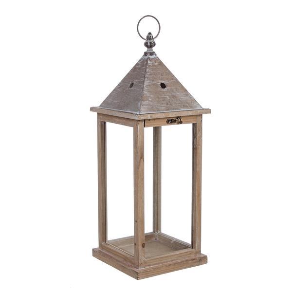 Felinar metal lemn sticla chalet 20 cm x 20 cm x 54 h 